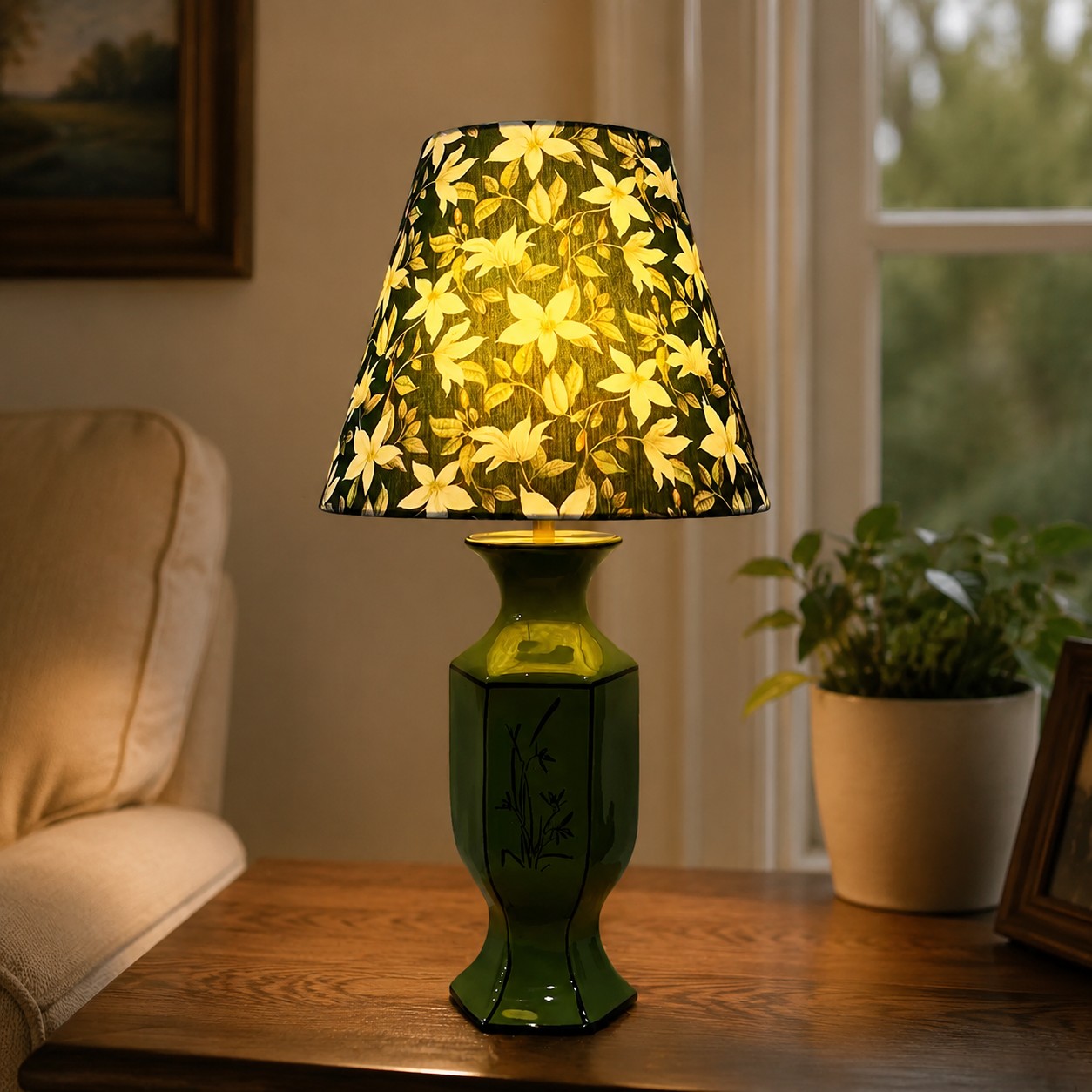 Vintage groene keramische tafellamp met bloemenmotief in een stijlvol interieur.
