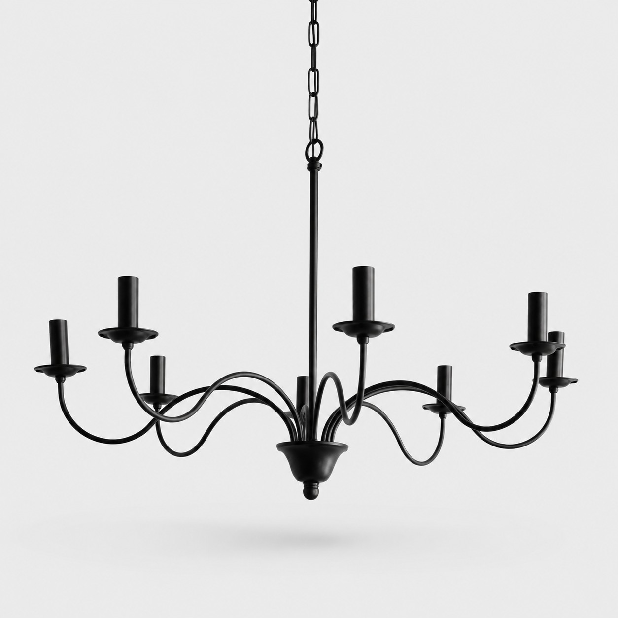 Eight-light black iron chandelier with dimension marks