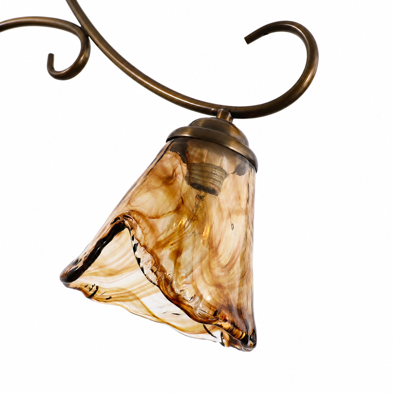 French Country Brass and Amber Glass Linear Chandelier detail 2