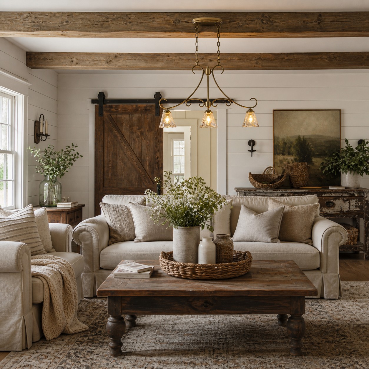 French Country Brass and Amber Glass Linear Chandelier in an interior