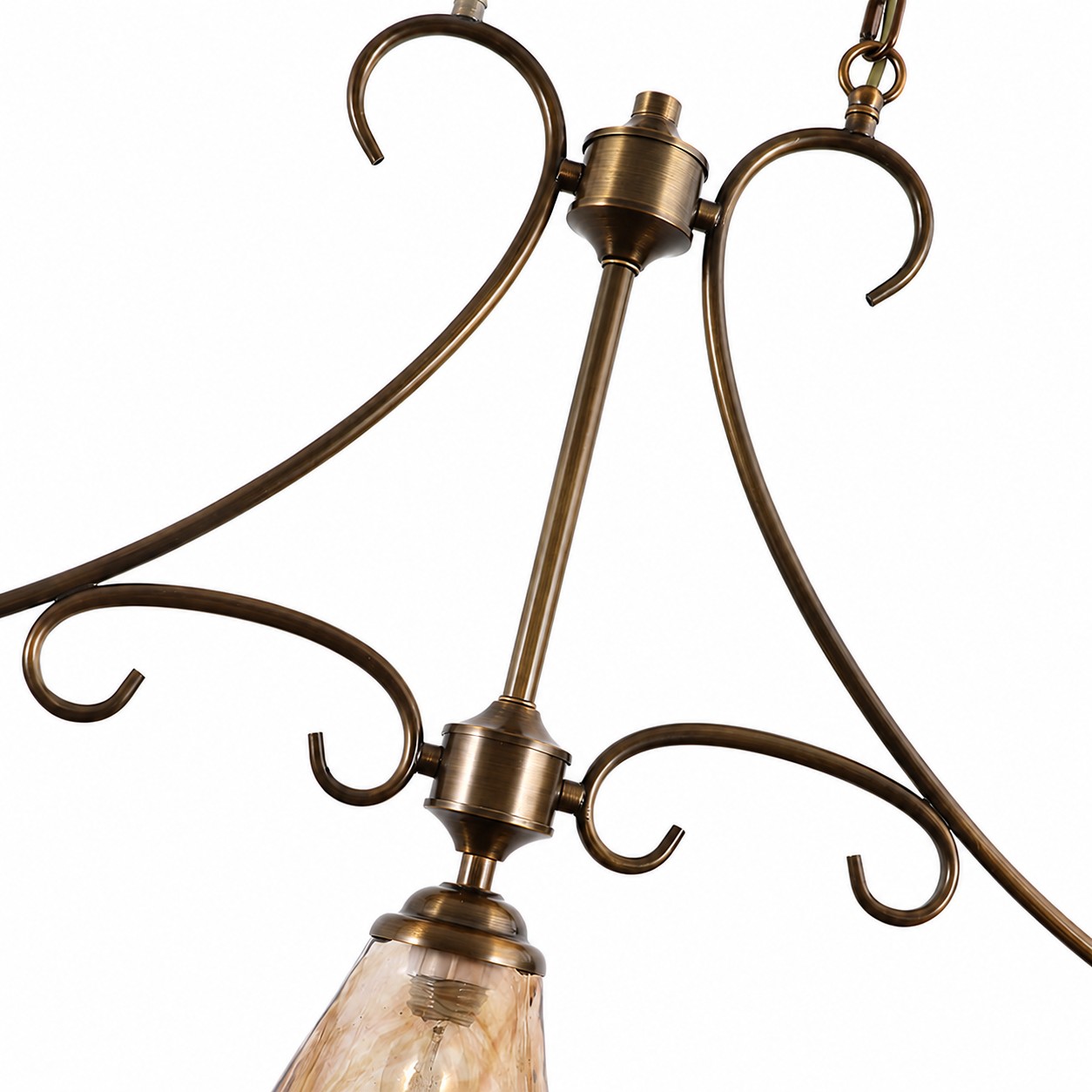 French Country Brass and Amber Glass Linear Chandelier detail 1