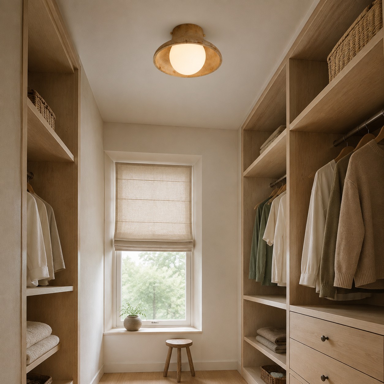 Eine flächenbündig eingebaute Deckenleuchte aus Naturholz wurde in einem kompakten Flurschrank installiert.