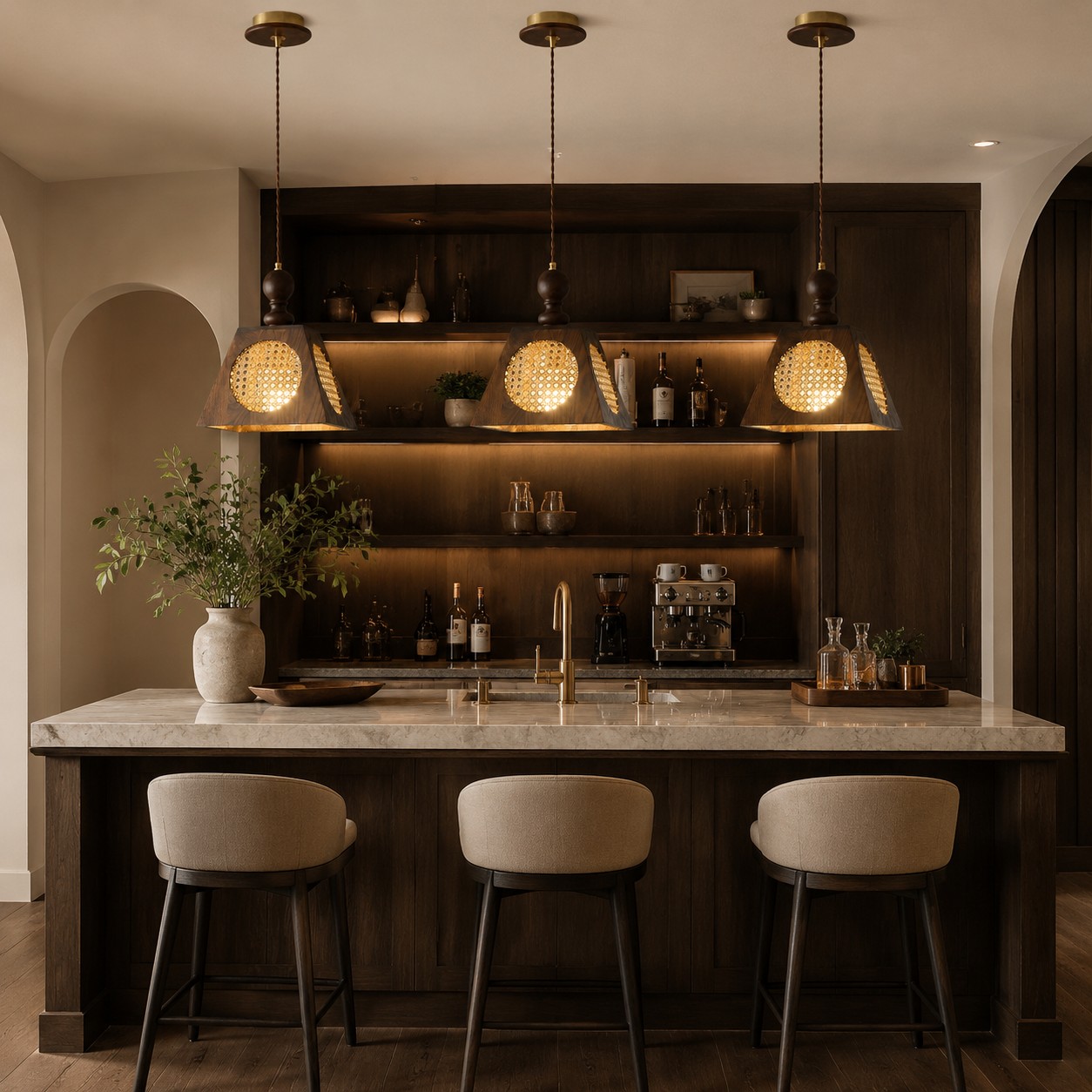 Lámparas colgantes de madera oscura tejida sobre una isla de cocina moderna y orgánica.