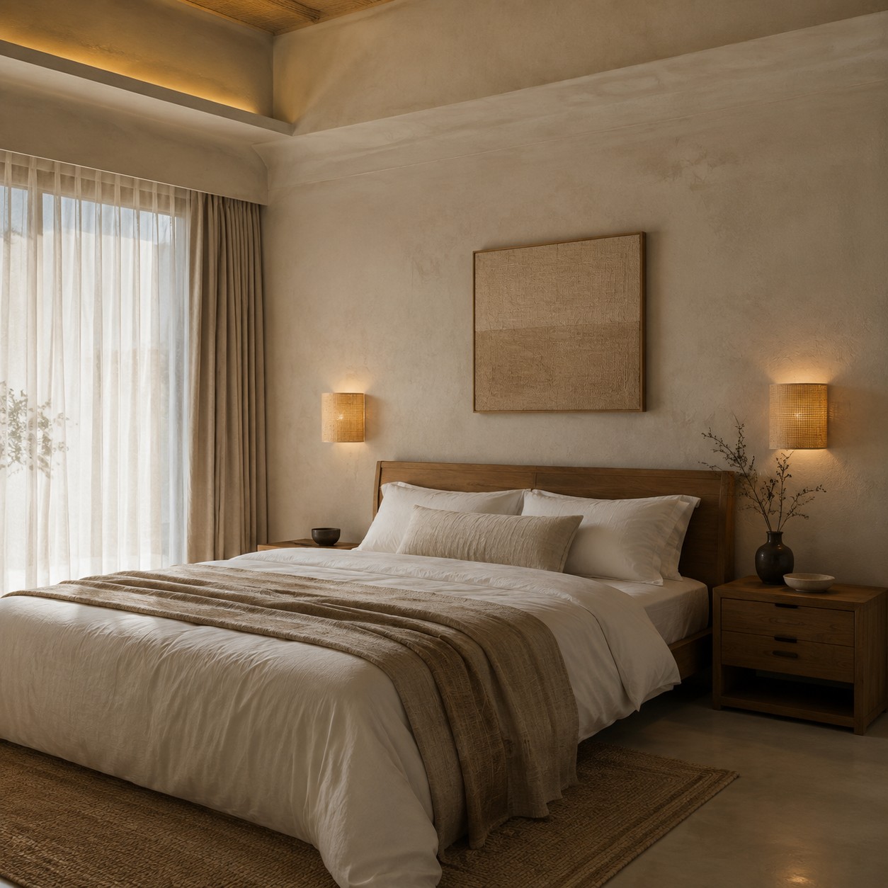 Chambre moderne et organique avec des appliques murales en rotin chaleureux de chaque côté du lit