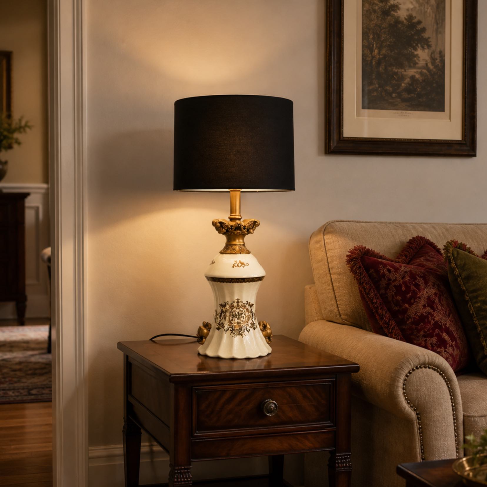 Ornate gold motif ceramic lamp on a living-room side table