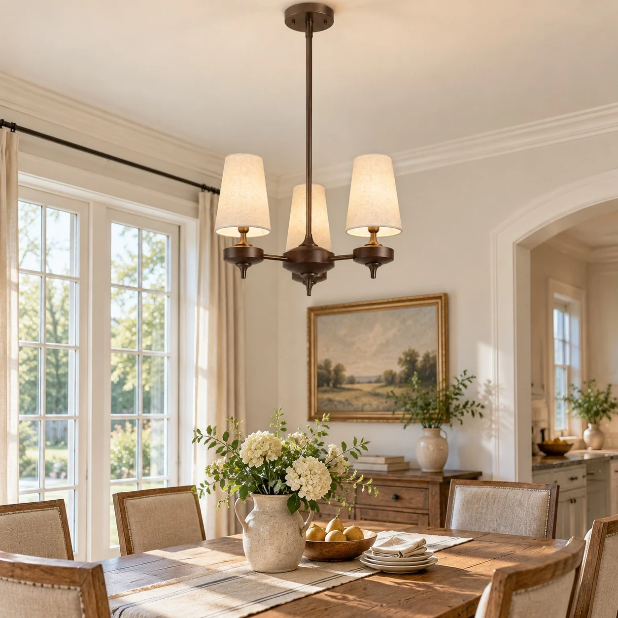 3 light chandelier in a dining room