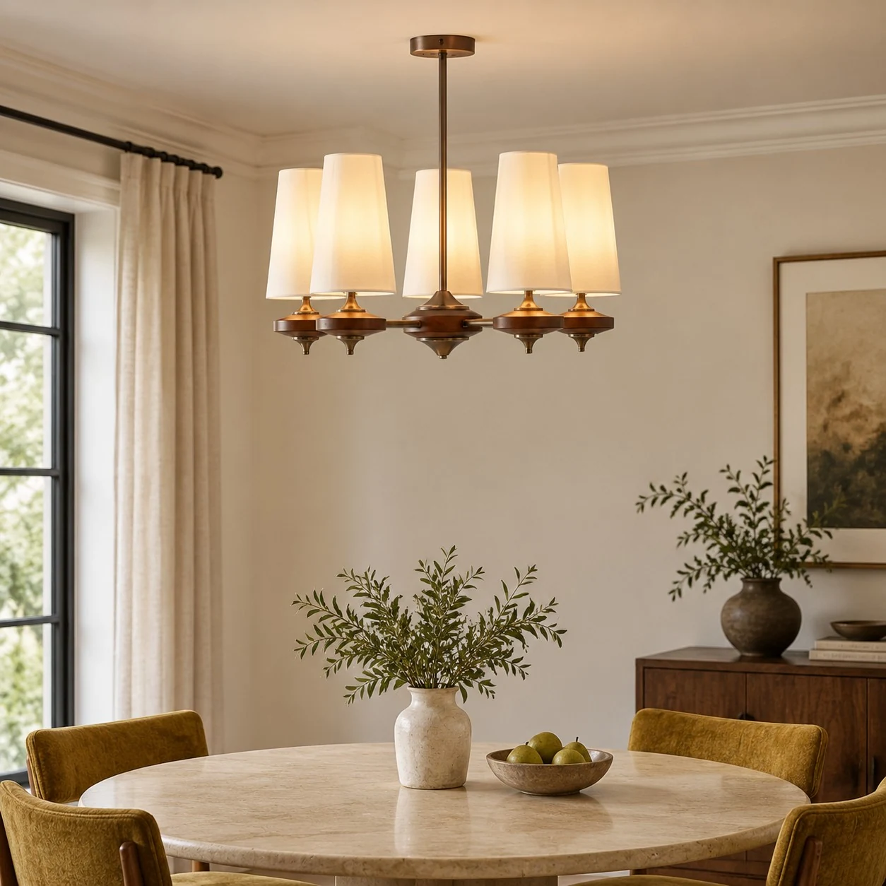5 light chandelier above a dining table