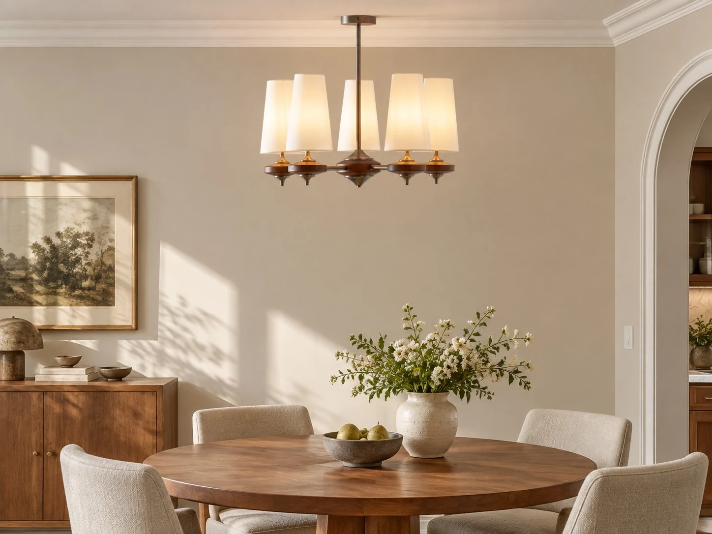 Hour Rho chandelier illuminating a dining room