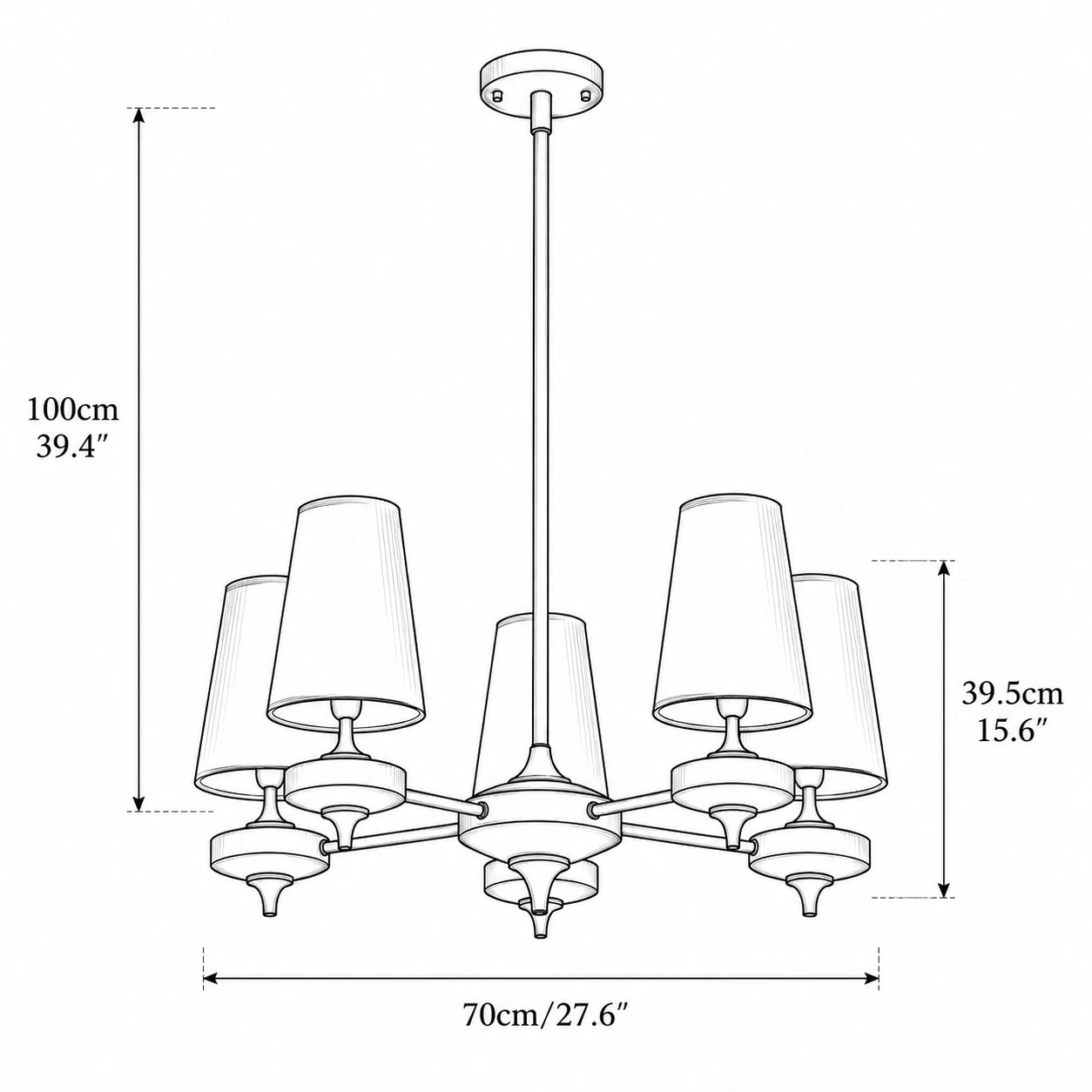 5 light chandelier dimension diagram
