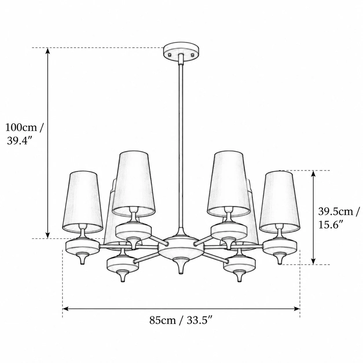 6 light chandelier dimension diagram
