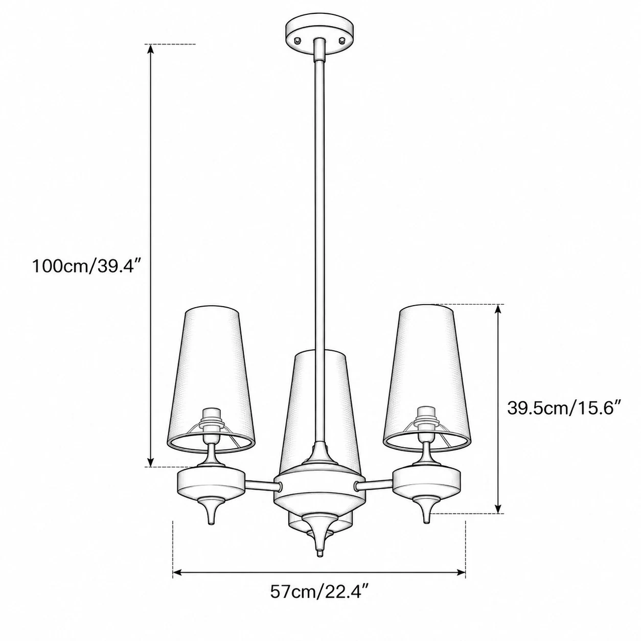 3 light chandelier dimension diagram