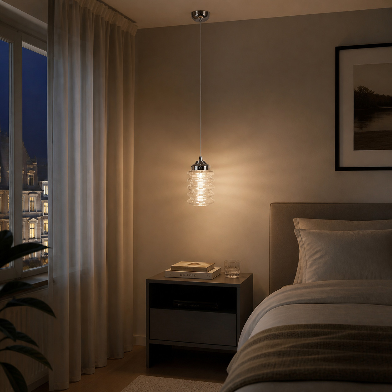 Ribbed glass pendant light styled in a bright compact home interior