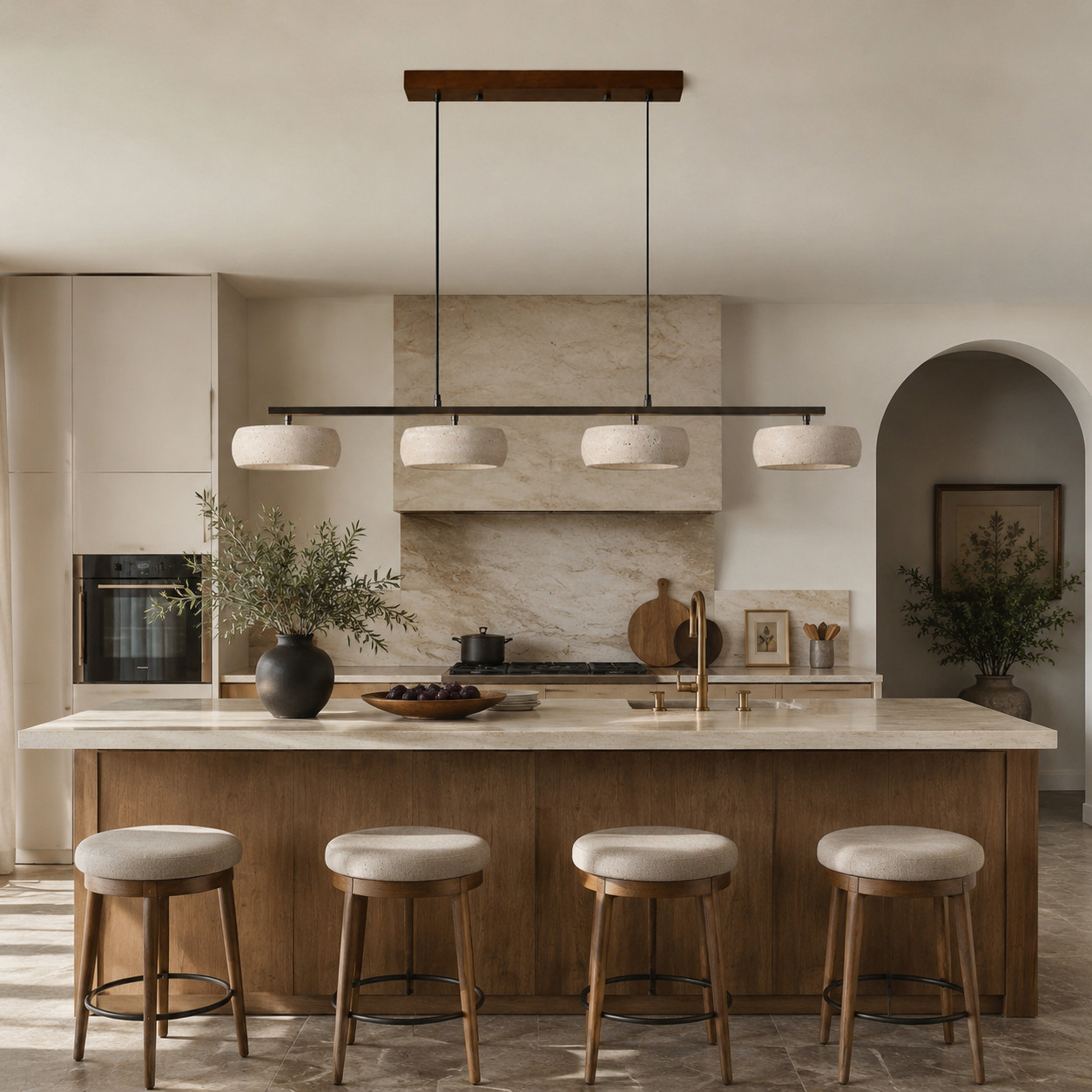 Lámpara colgante lineal de travertino sobre una isla de cocina.