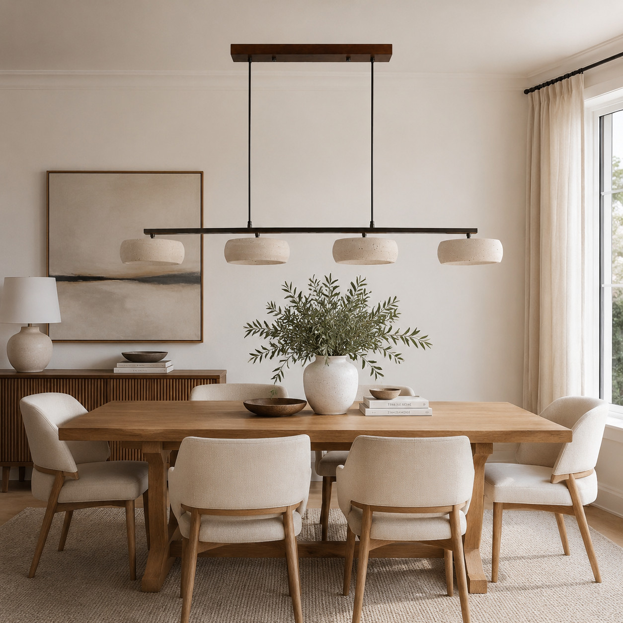 Colgante de travertino natural a gran escala sobre una mesa larga