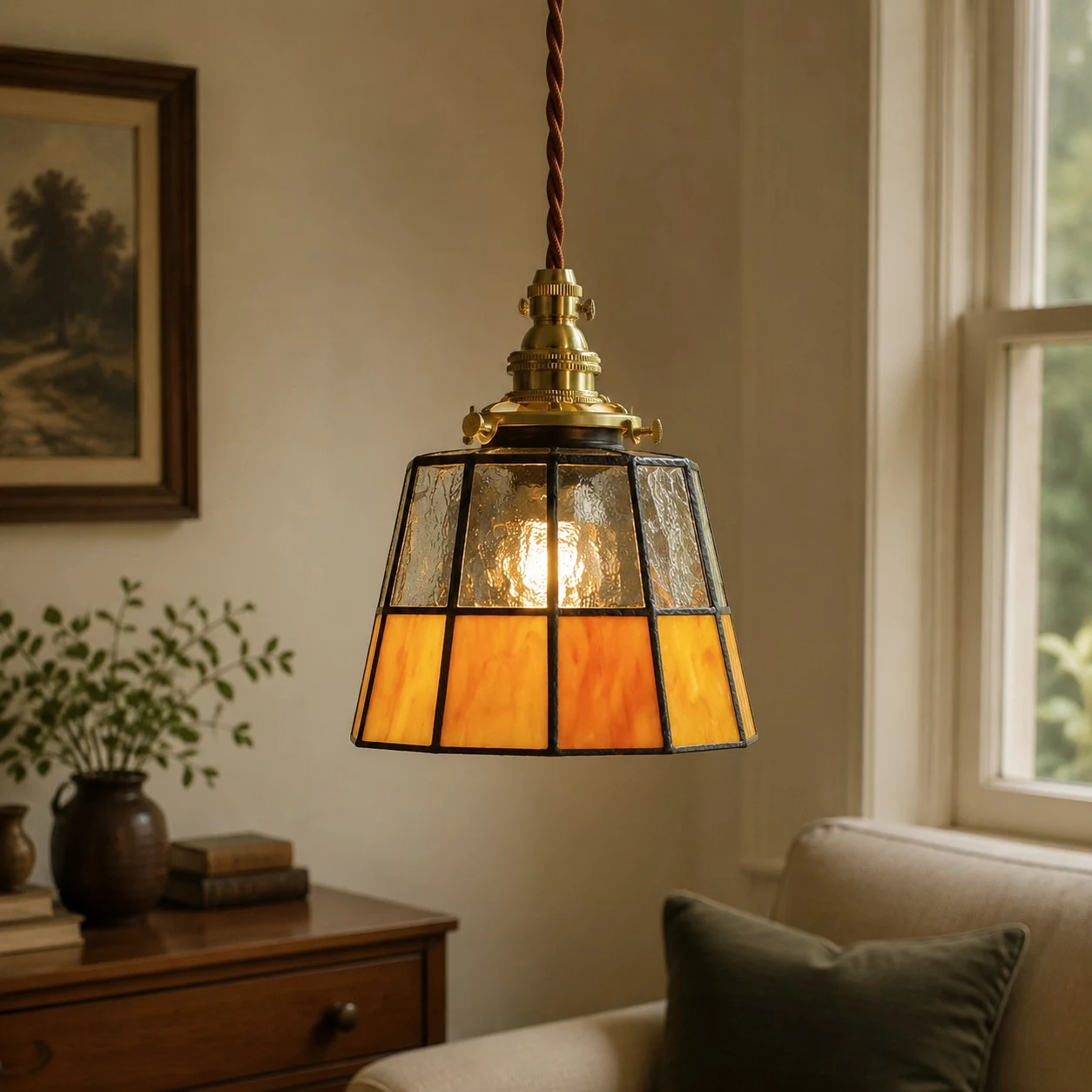 Amber stained glass brass pendant light in a warm vintage room