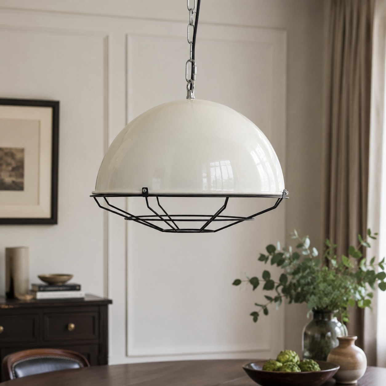 Cream gloss pendant light in a dining room