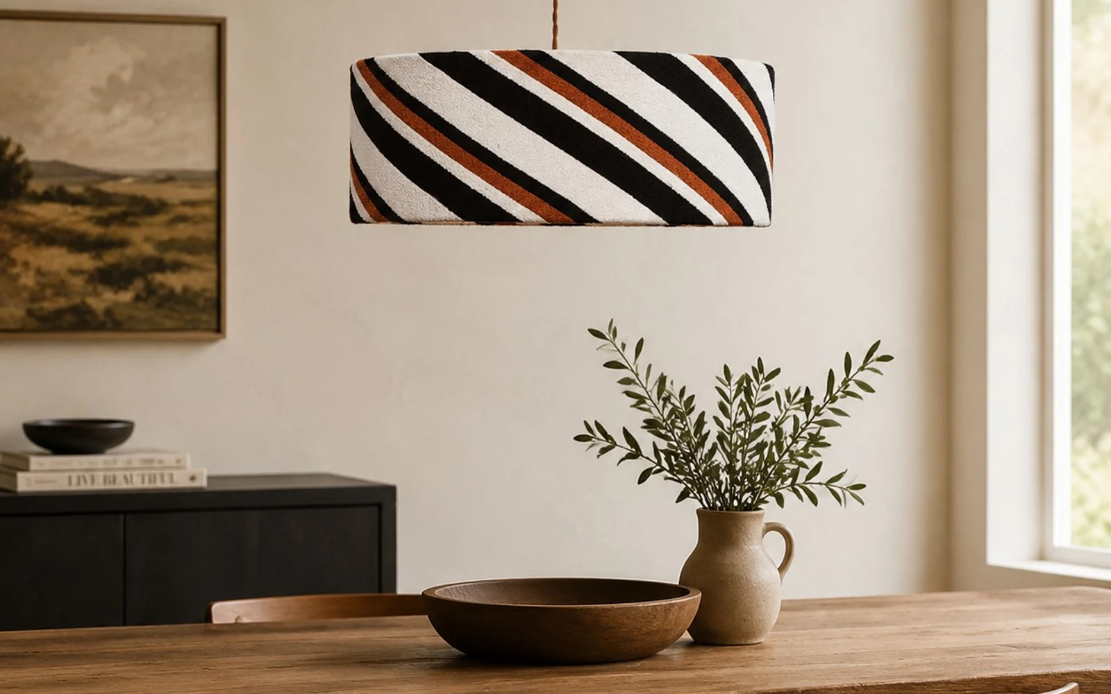 Striped fabric pendant light above a wood dining table