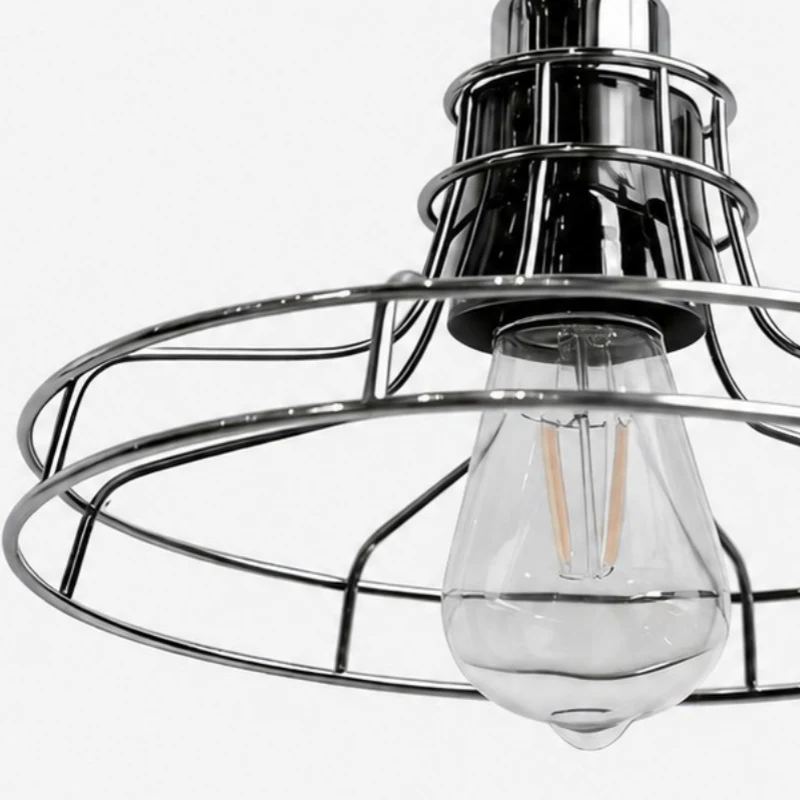 Pendant lamp glass shade and cage detail