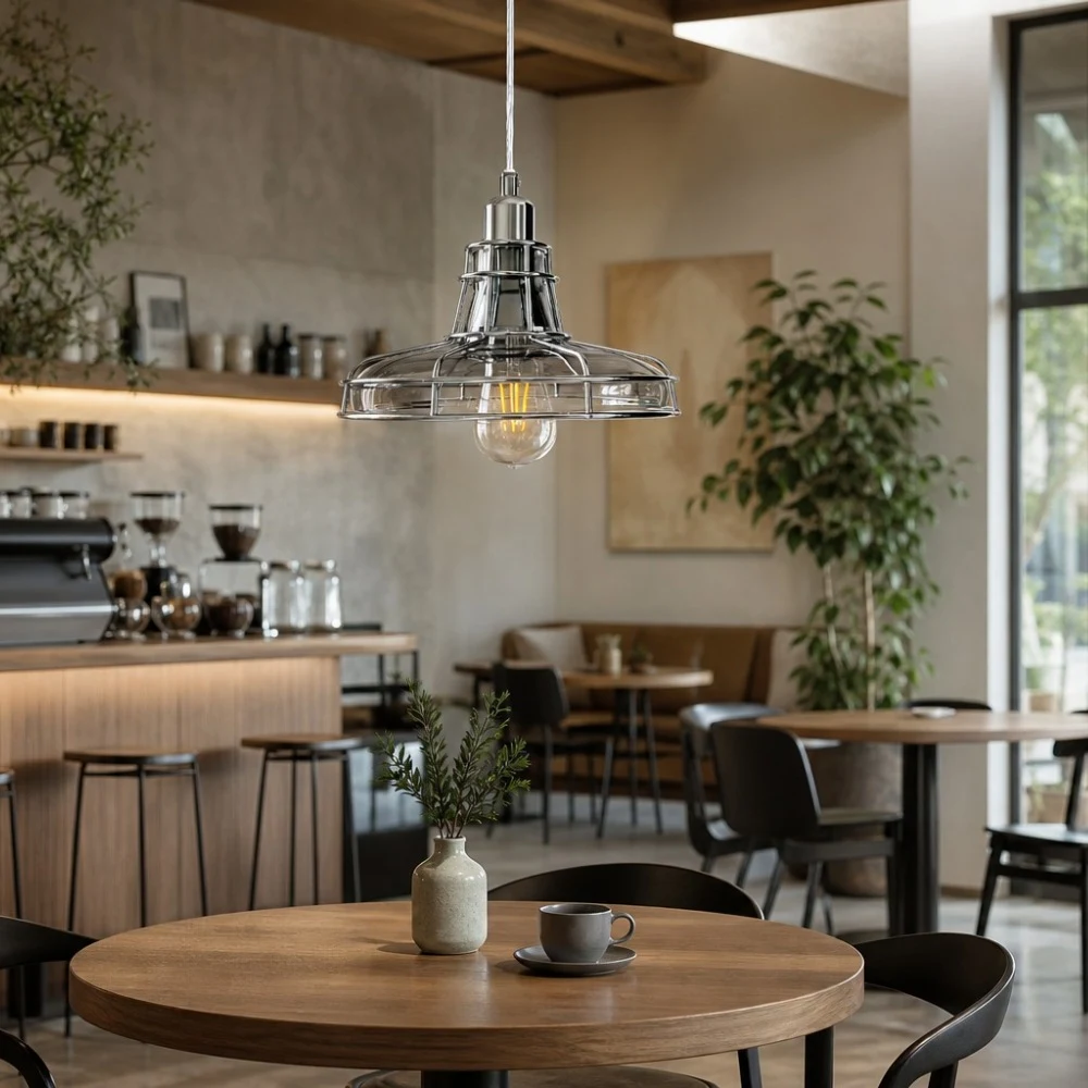 Glass metal cage pendant lamp in dining room