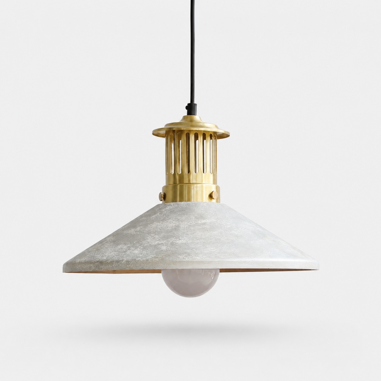 Silver cone pendant shade with brass cage cap