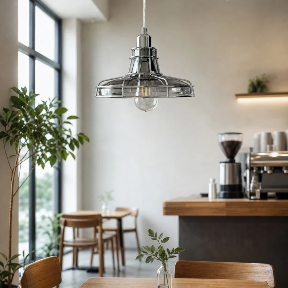 Glass metal cage pendant lamp in a bright dining space