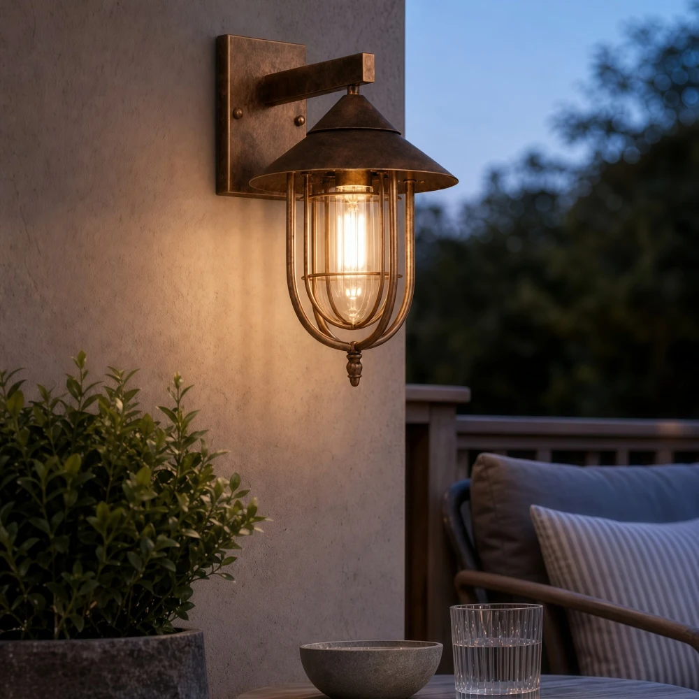 Patnox outdoor wall light installed near patio seating