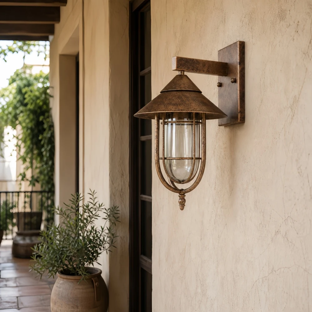 Rust finish wall lantern on a covered patio wall