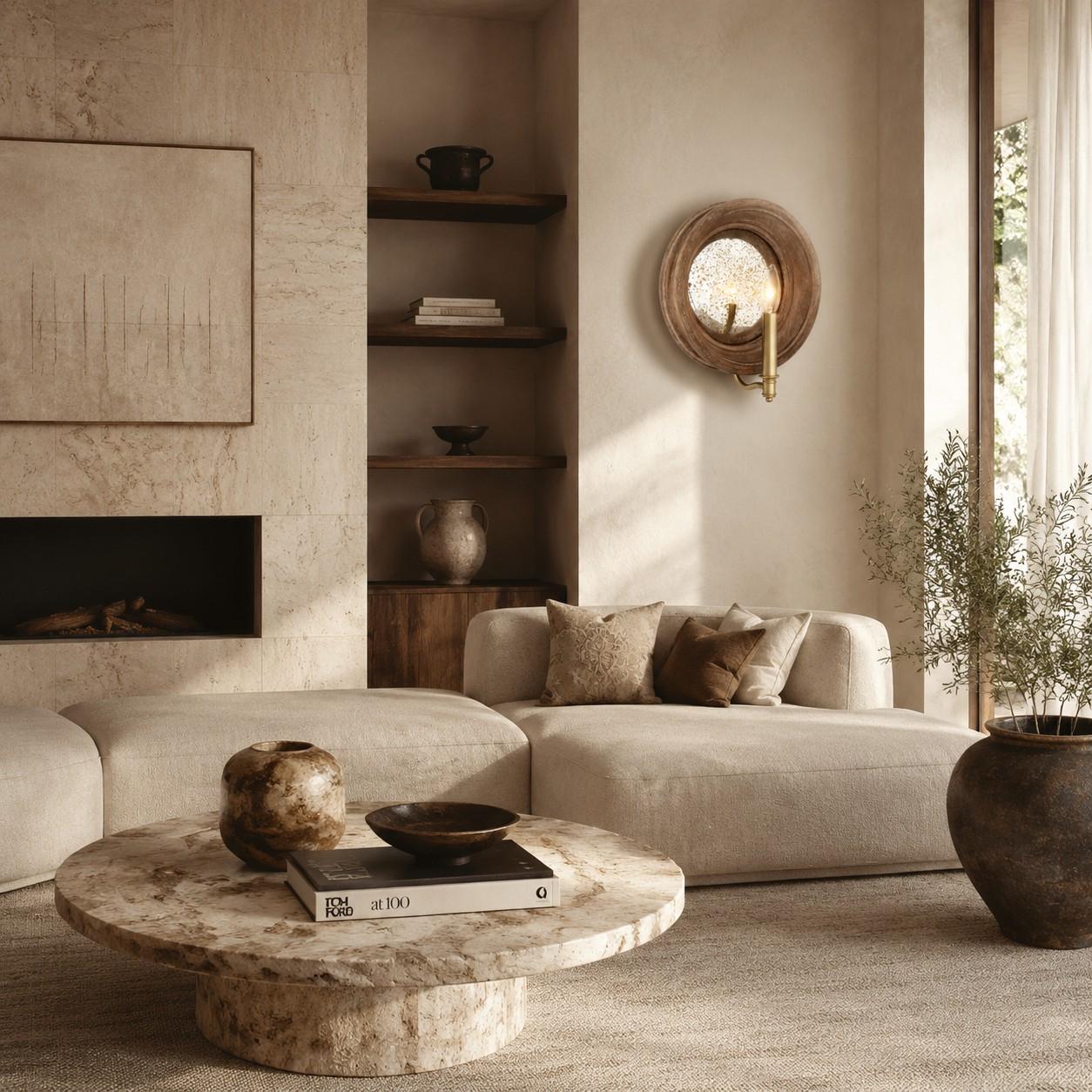 Natural wood round wall sconce installed in a warm living room