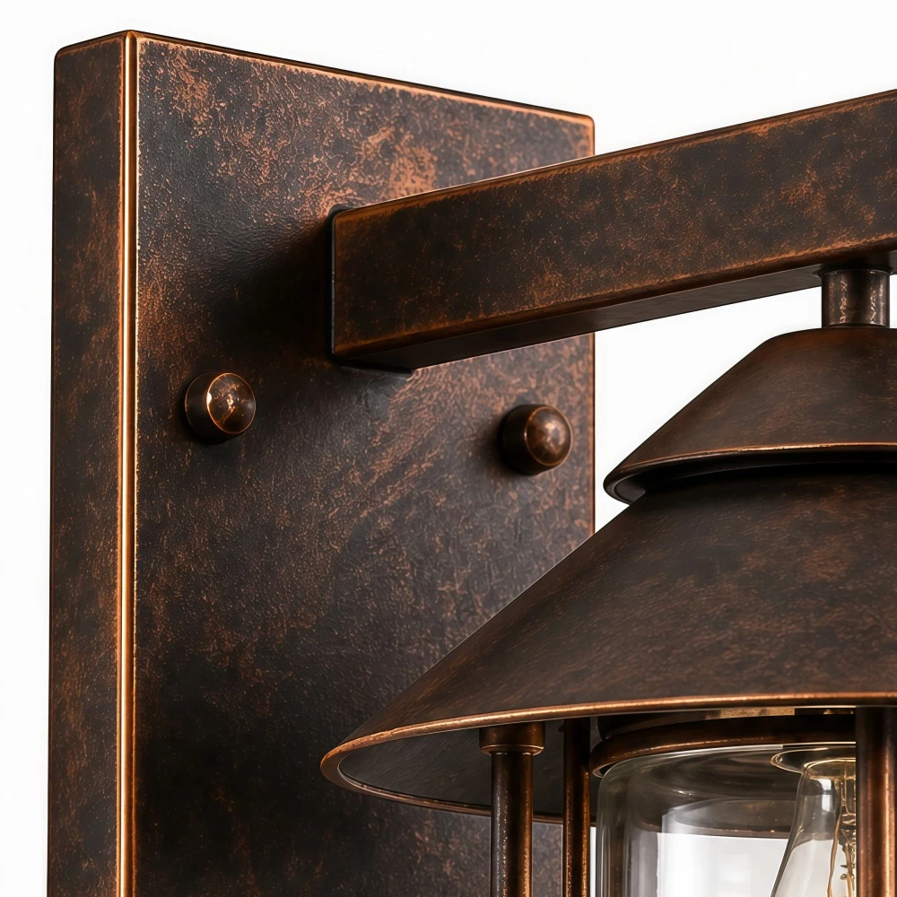 Distressed mounting plate and iron arm detail