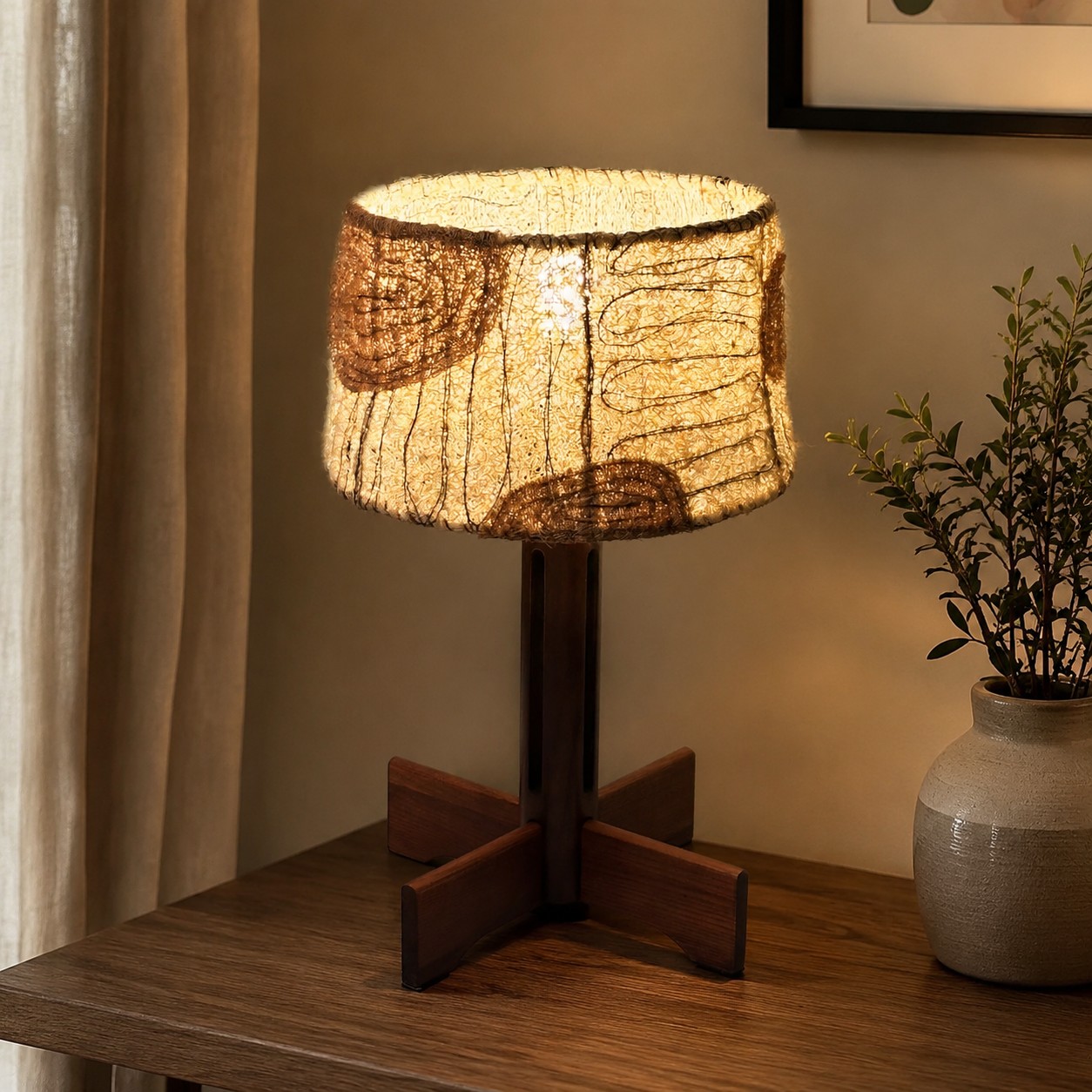 Natural loofah table lamp styled in a warm interior