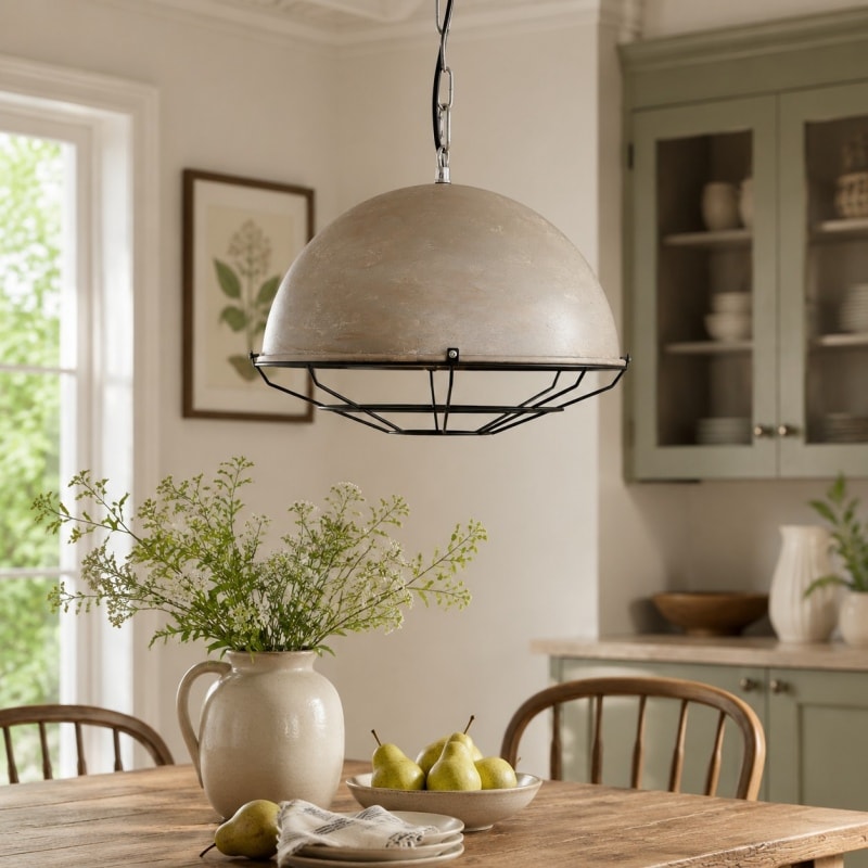Vintage industrial pendant light installed above a dining table