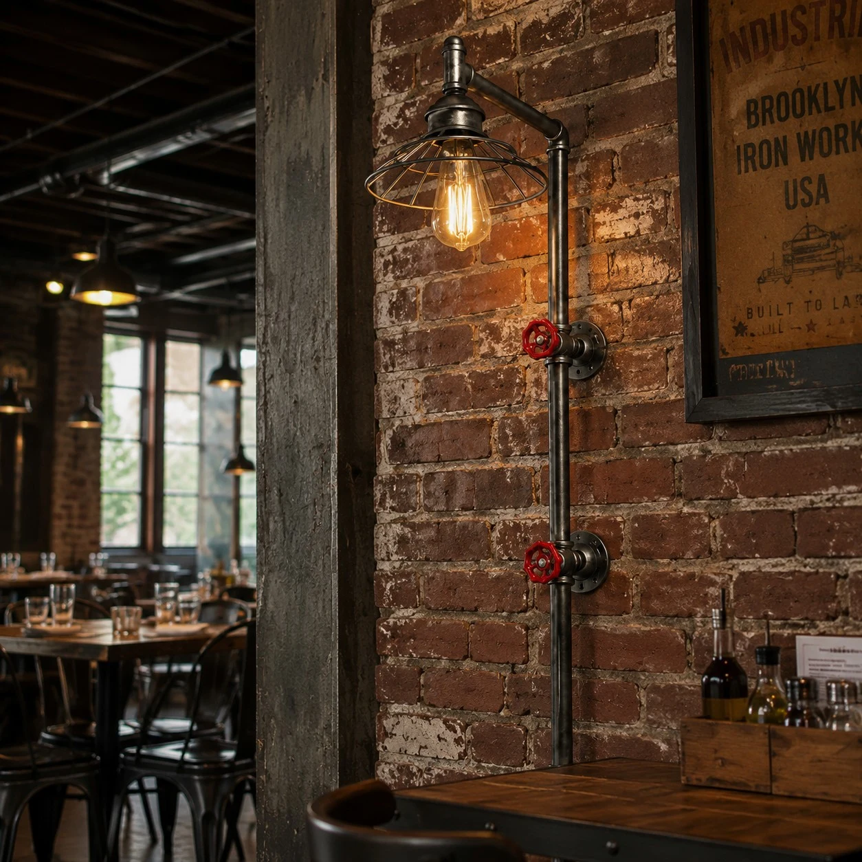 Industrial wall sconce installed in a hospitality interior