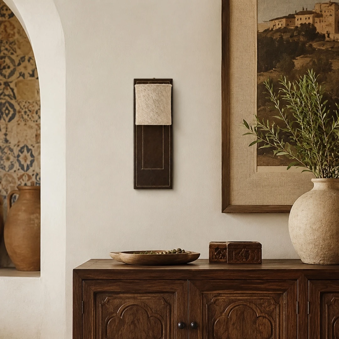 Leather wall sconce installed above a console in a warm classic interior