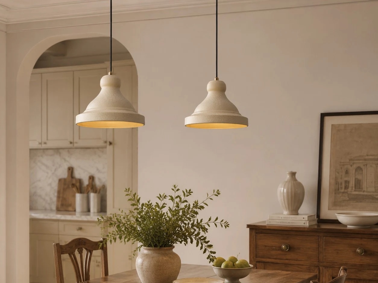 Beige pendant lamps above a dining table in a warm home interior