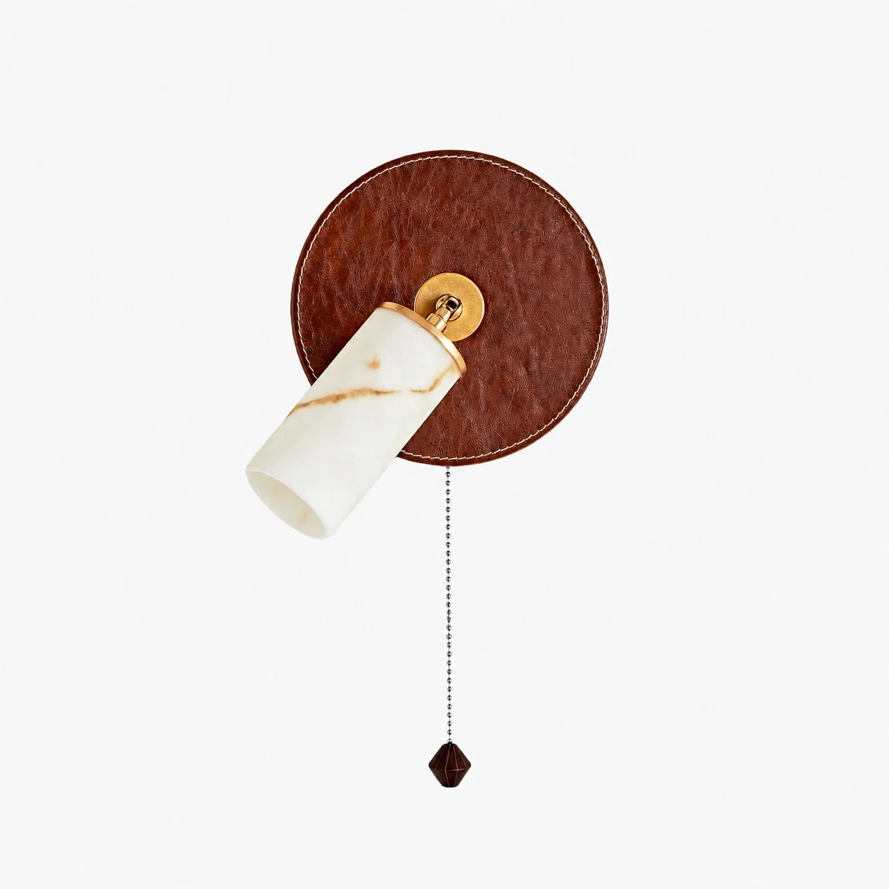 Brown leather and white shade wall sconce on a clean background