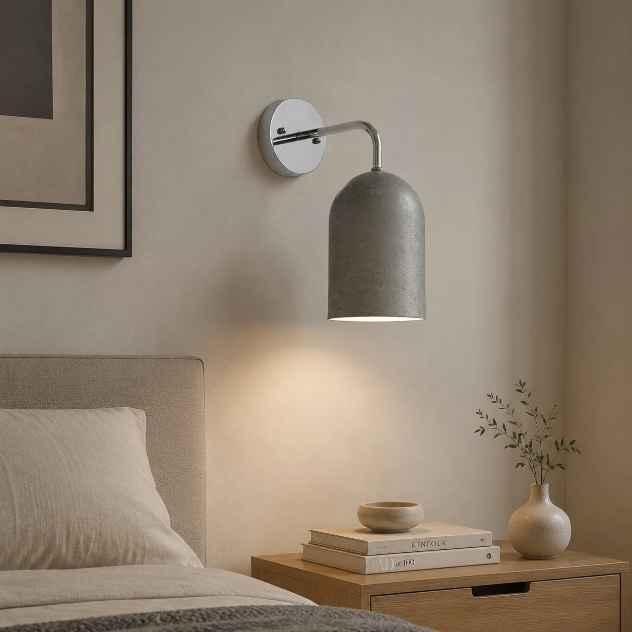 vintage distressed wall sconce installed beside a bed