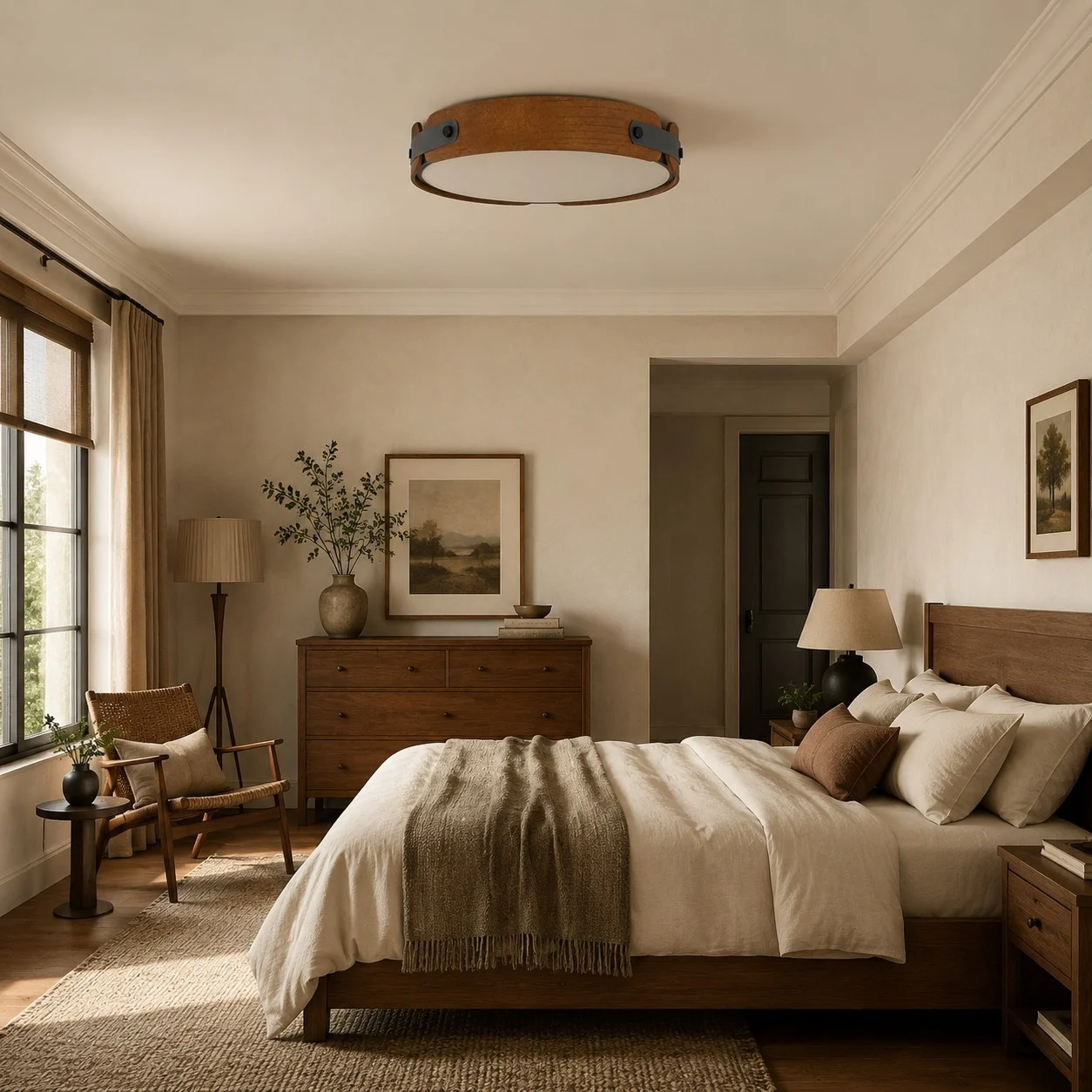 Walnut ceiling light in a bedroom