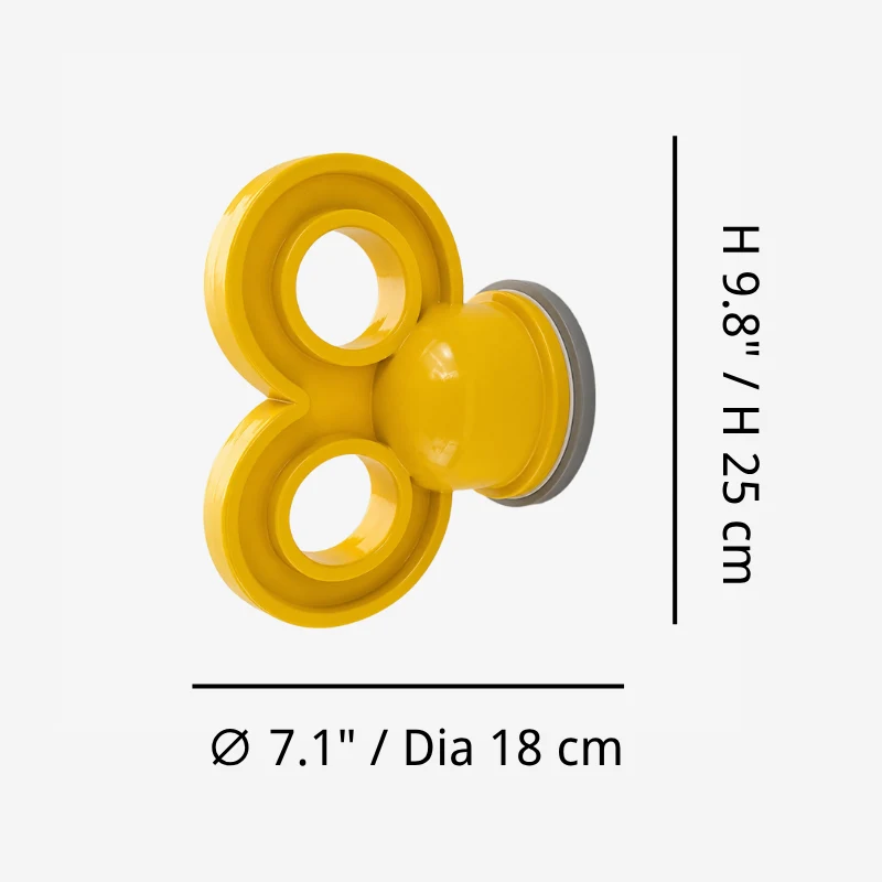 Dimension diagram for yellow sculptural wall light showing Dia 18 cm and H 25 cm