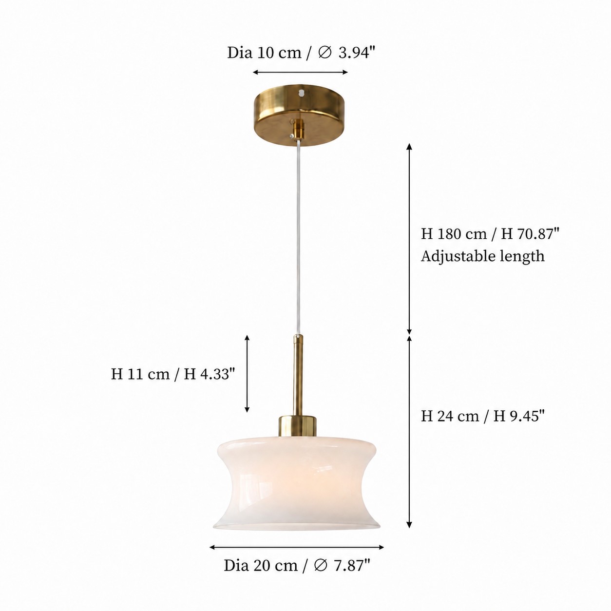 Pendant lamp dimensions showing canopy, adjustable wire, shade height, and shade diameter