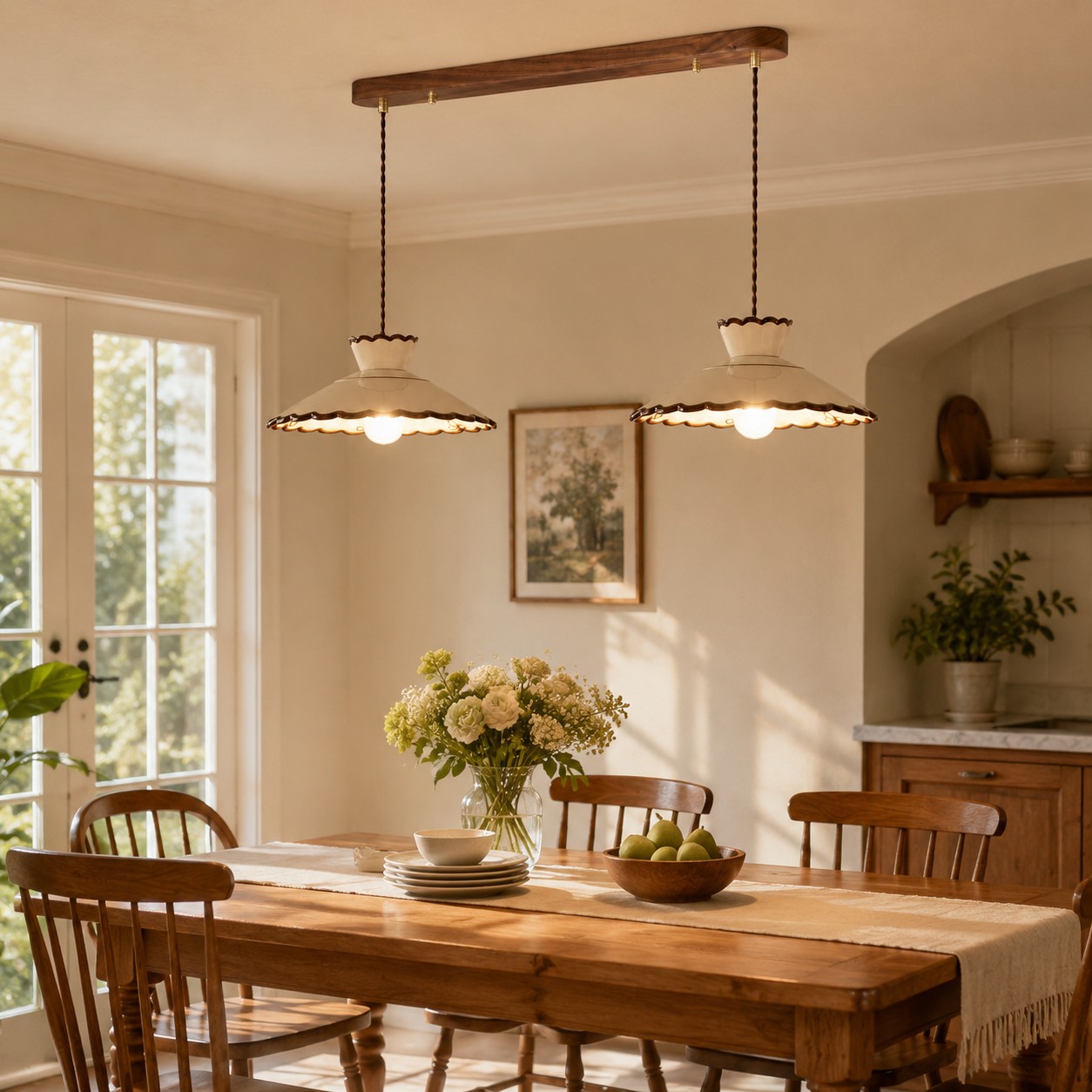 Two head scalloped ceramic pendant light above a dining table