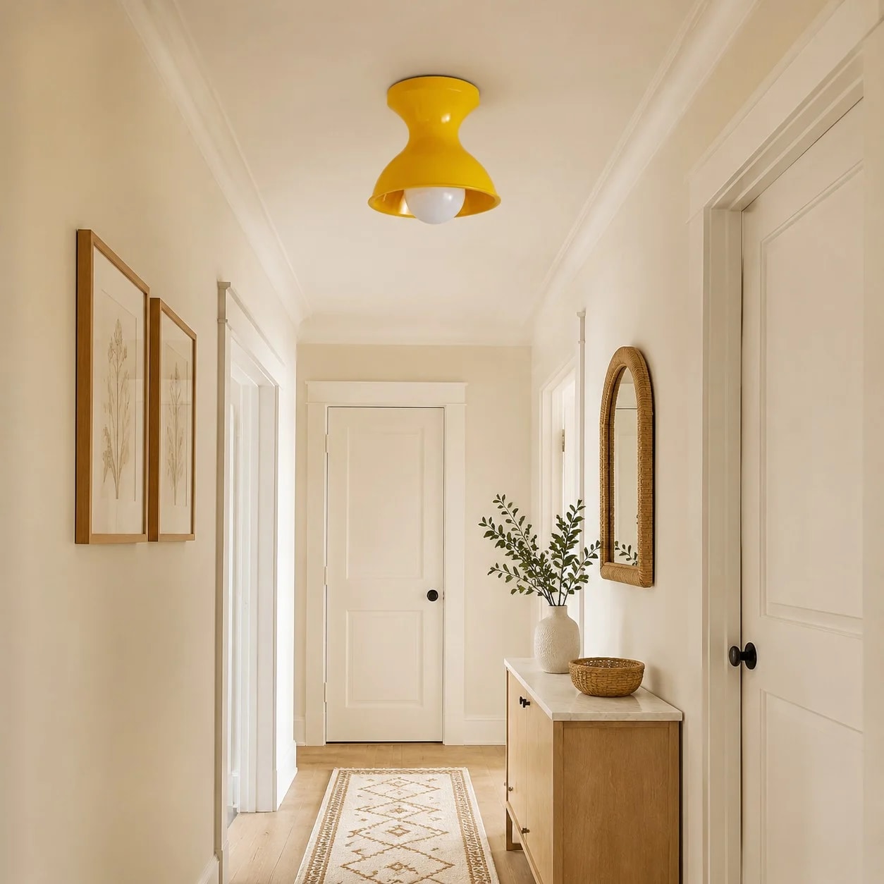 Yellow resin ceiling light in a bright hallway scene