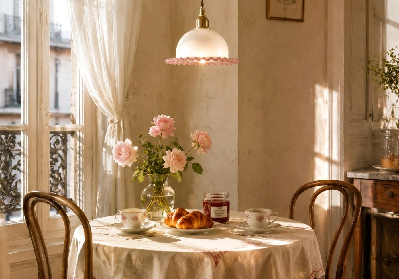 ruffled glass pendant light over a round dining table