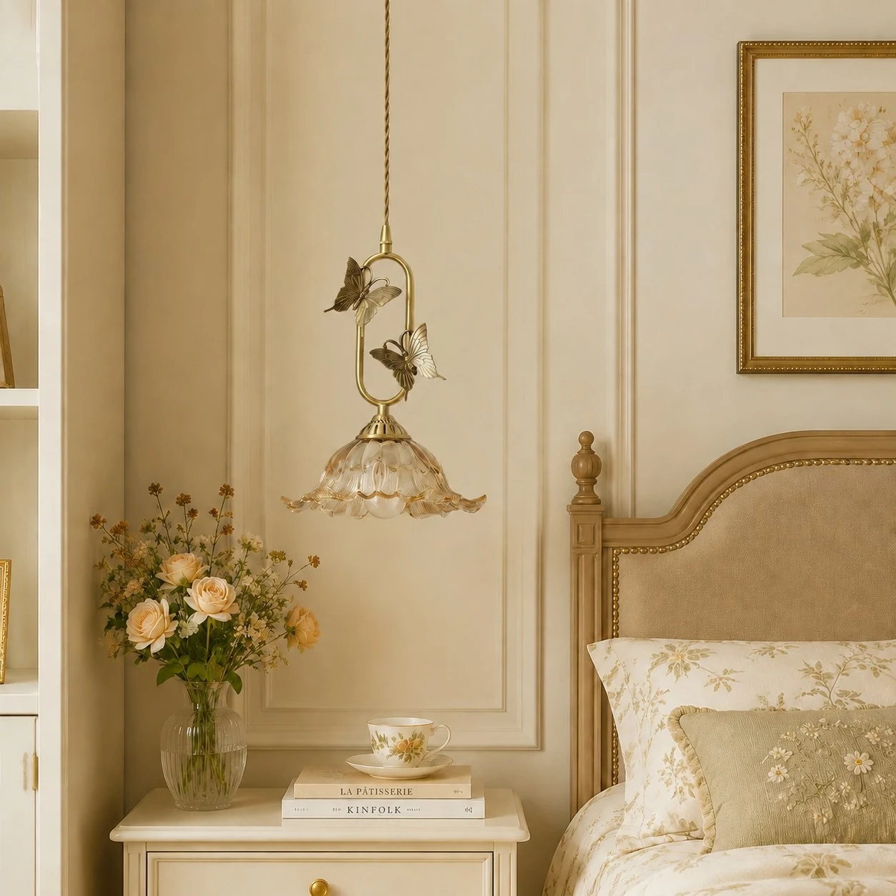 Butterfly pendant light installed beside a bedroom nightstand