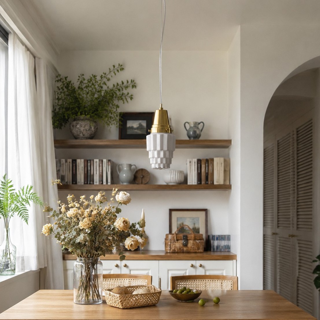 Modern milk glass pendant light over a kitchen island
