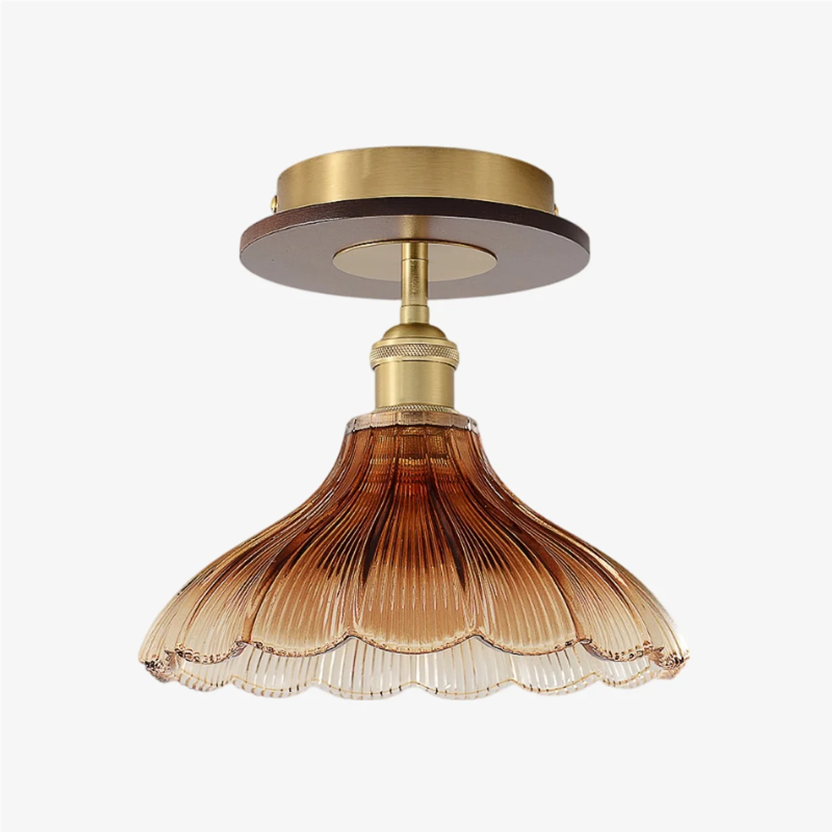 Bottom view of the ribbed glass ceiling light switched on
