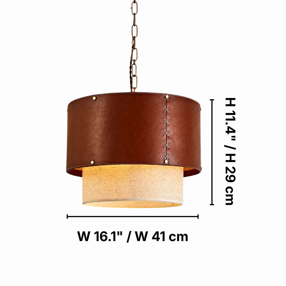 Dimension diagram for 16.1 inch brown leather pendant light