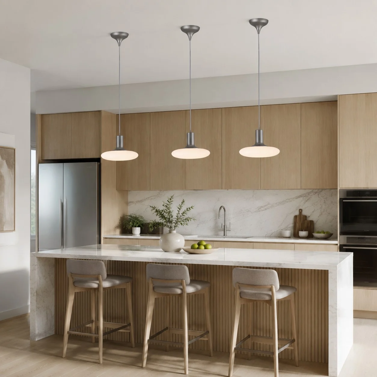 White glass chrome pendant lamps installed above a kitchen island