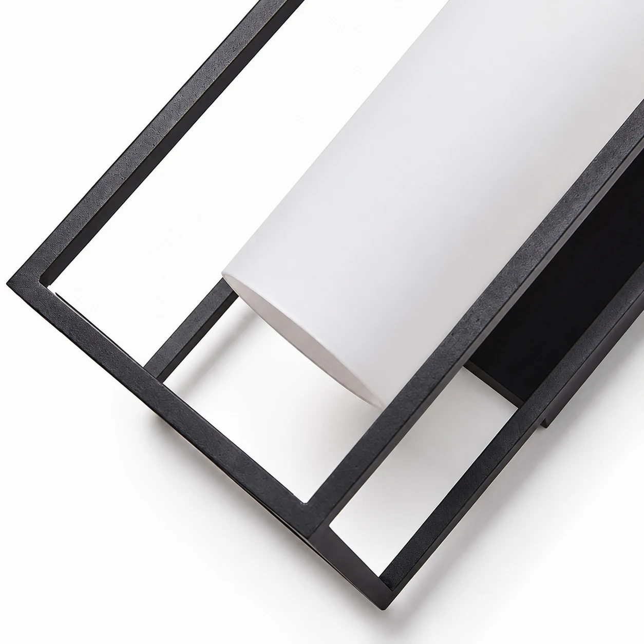Black metal frame and white glass shade detail