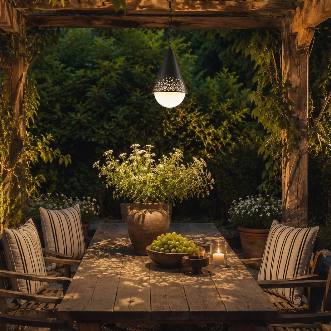Baoxela pendant light over patio dining table under wooden arbor