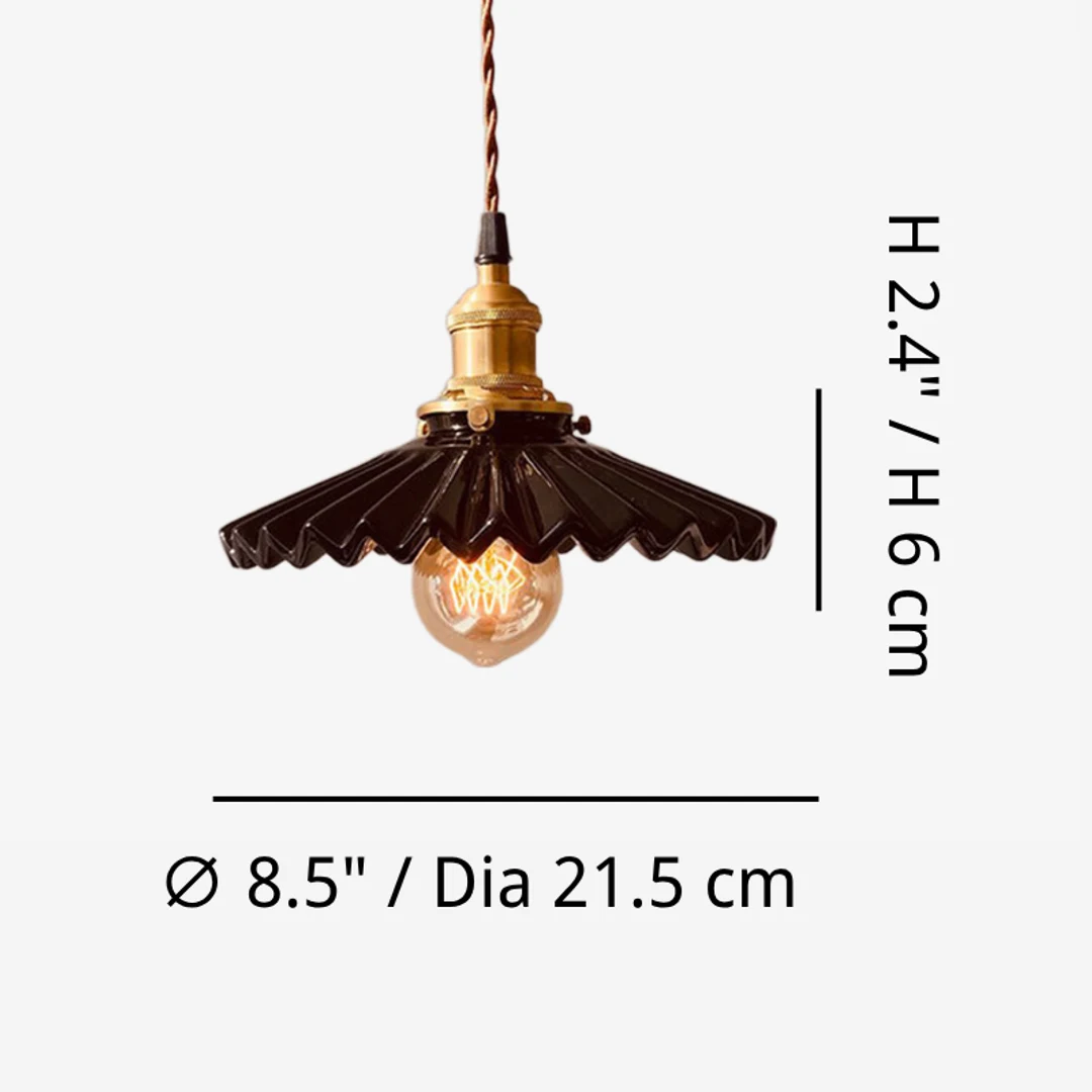 Dimension diagram for 8.5 inch diameter pleated ceramic pendant light